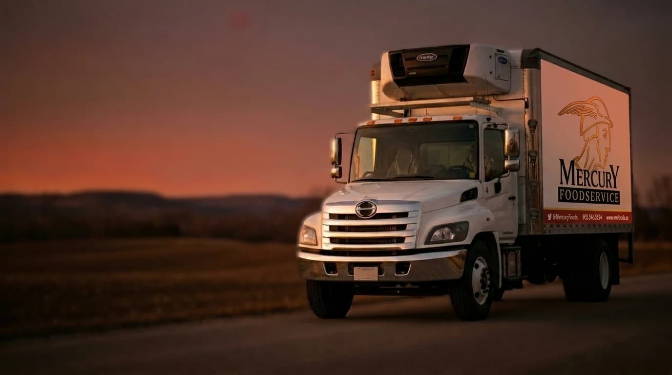 Mercury Foodservice delivery truck rendered as the homepage hero, gold Mercury mark visible on the side panel