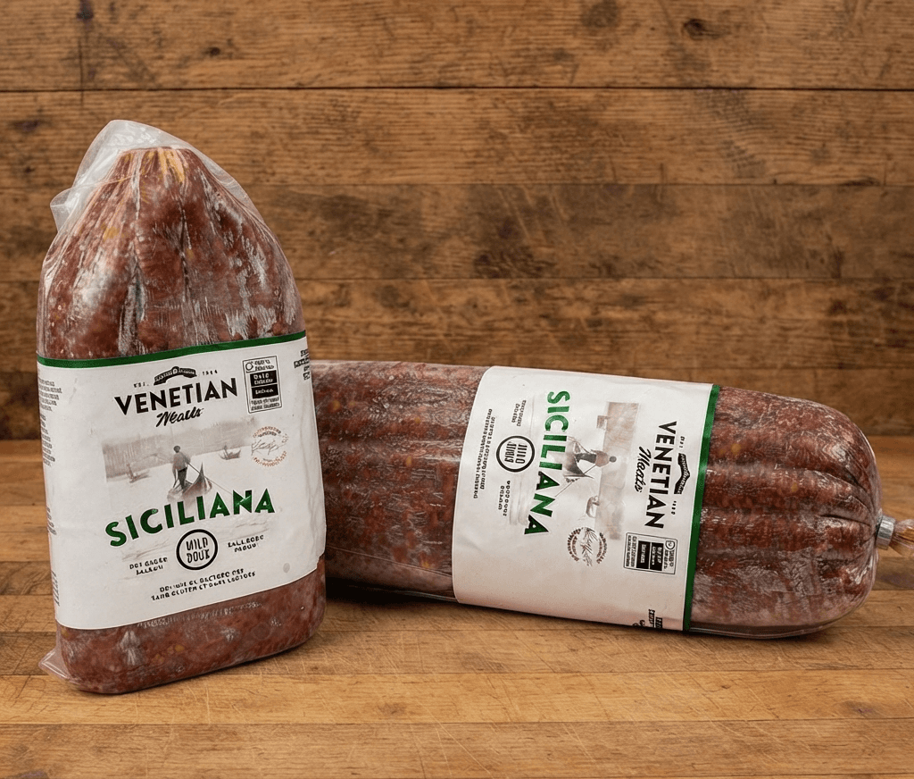 Real inventory photography of Italian cured meats on the Mercury counter, warm depth of field